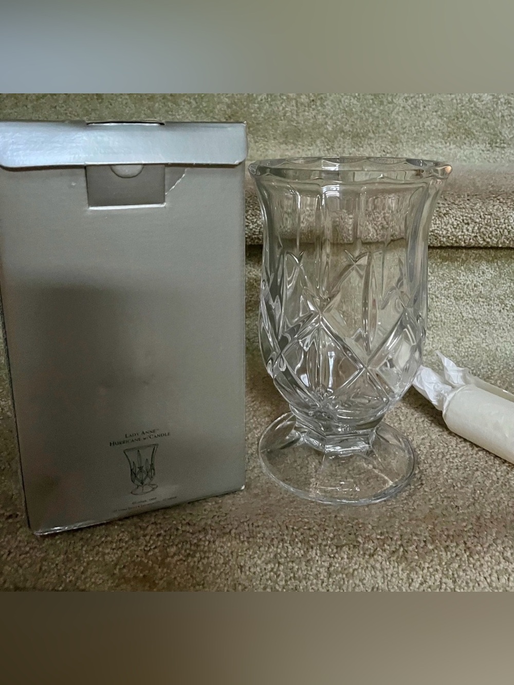 NWT VTG Gorham Lady Anne Crystal Hurricane Candle Holder/Vase w/ Box